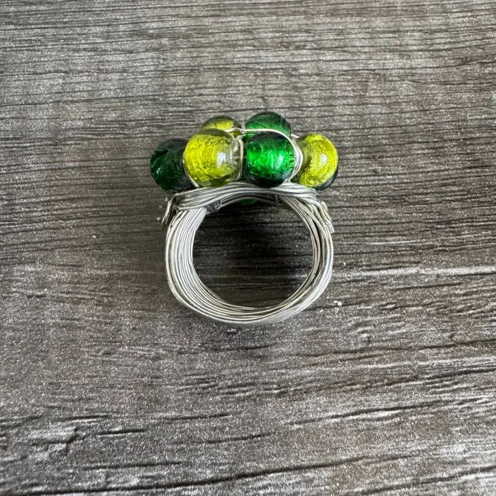 Handmade Wire-Wrapped Stainless Ring with Green & Yellow Glass Beads Size, 5.5